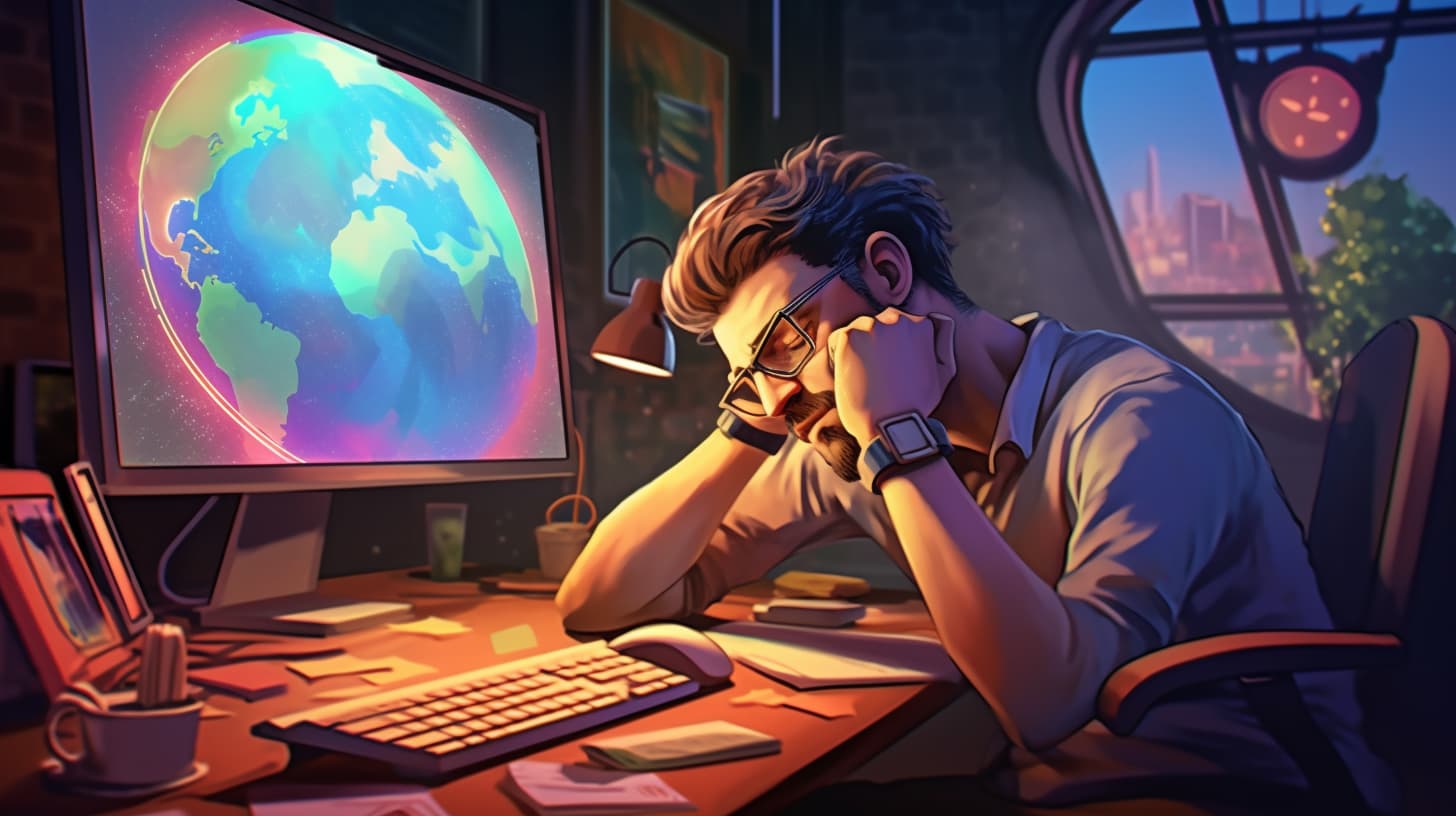 a man is sitting at his desk, leaning close to the keyboard. He's in a room, the computer monitor is turned on, and the man rests his head in his hands, showing tiredness.
