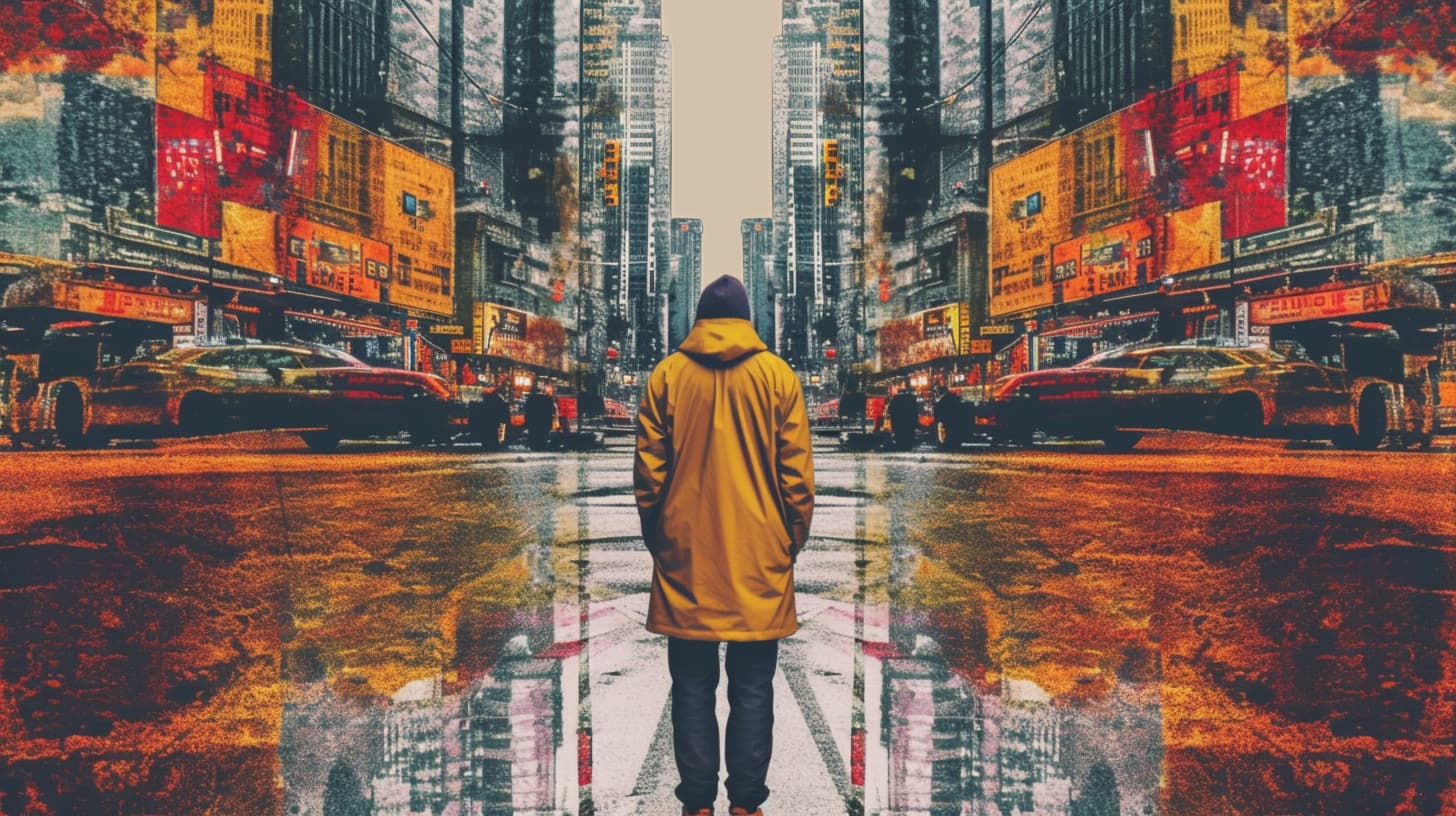a man stands in the middle of a wet street looking torwards the horizon, there are cars and bulding on both sides of the street
