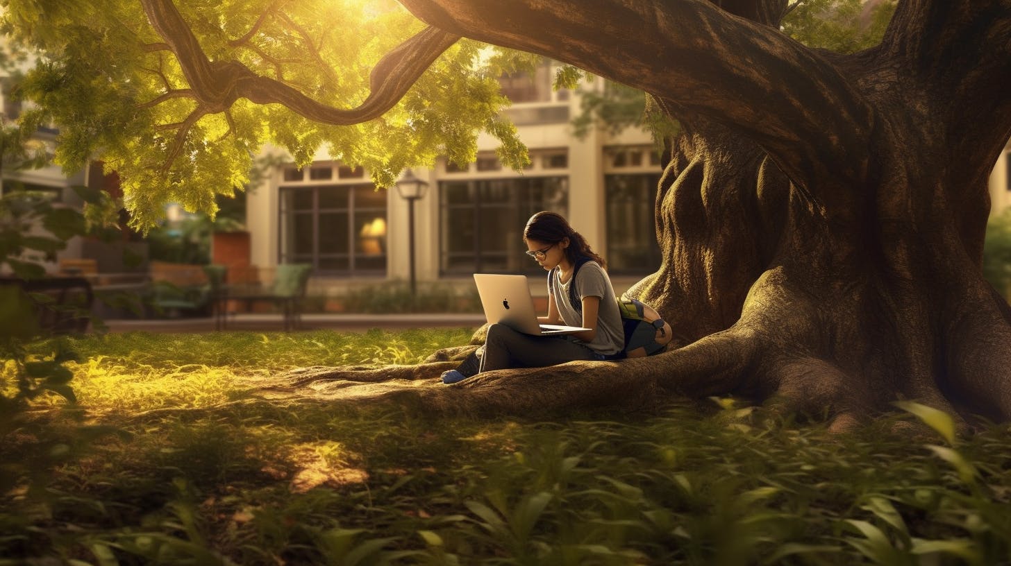 a woman practicing programming while coding under a tree in a university